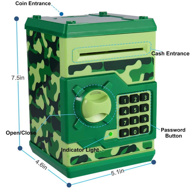 Qwifyu Piggy Bank for Boys Girls, 4 5 6 7 8 9 10 Year Old Girl Boy Birthday Gift Ideas, Electronic Password Money Saving Box ATM, Great Gift Safe Bank Toys for Kids (Camouflage Green) - Image 2